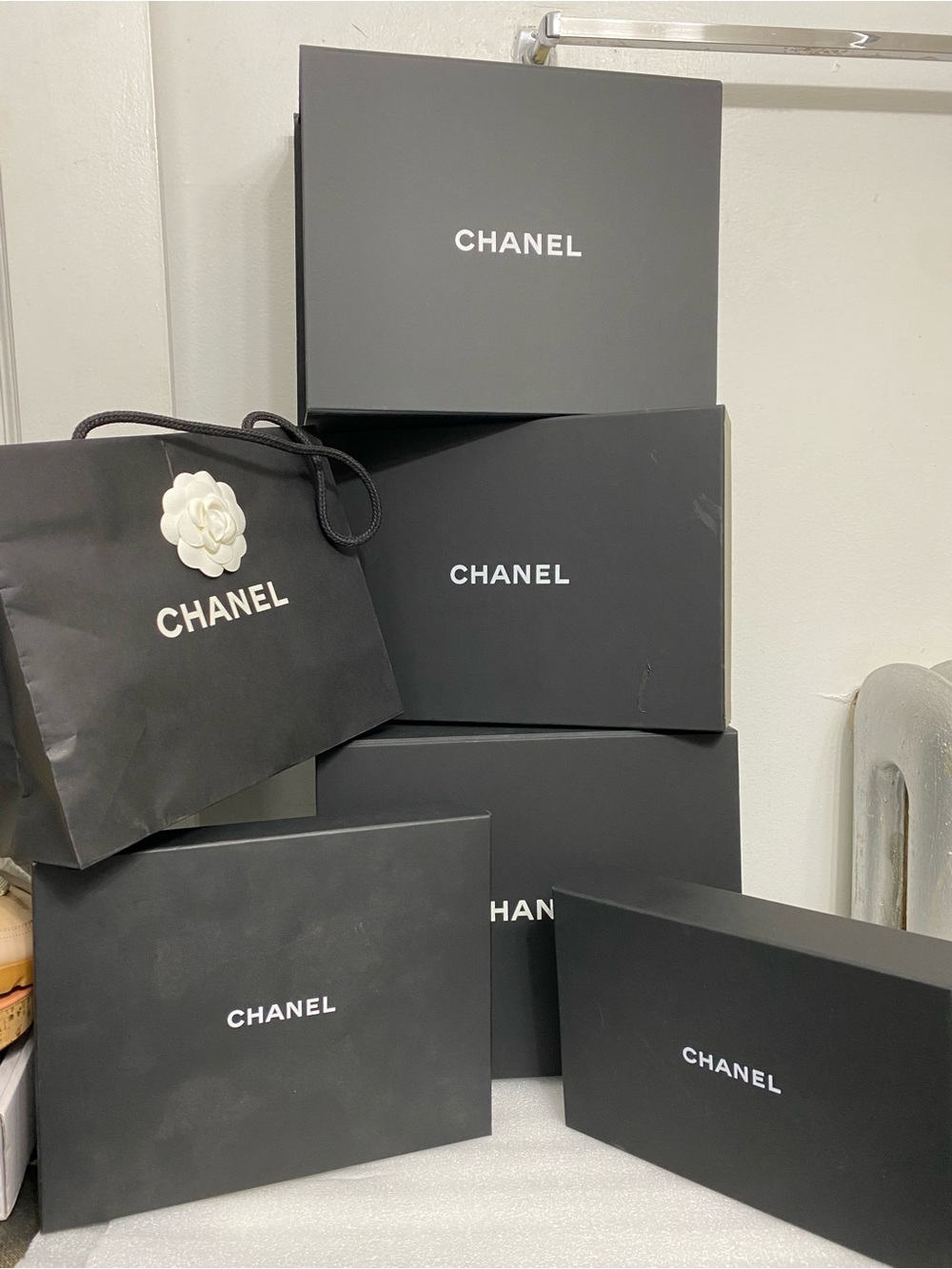 CHANEL Black and White Branded Boxes & Bag Set